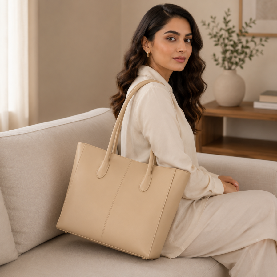 Evora Beige Tote Bag With Free Pouch
