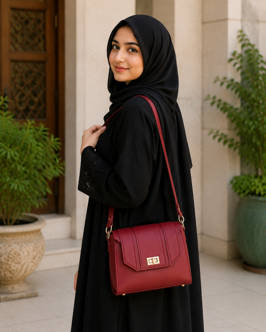 Compact Maroon Top Handle Cross Body Bag